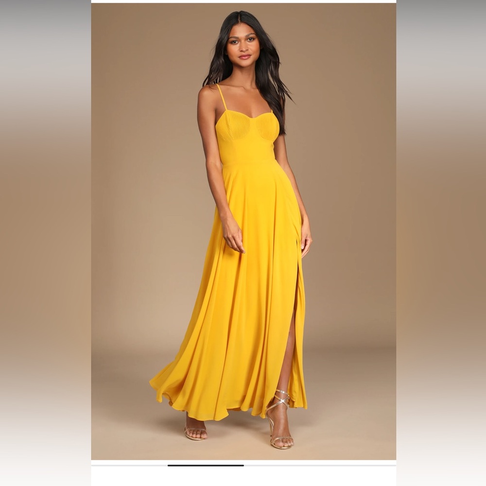 NWT Lulus Cause for Commotion Golden Yellow Pleated Bustier Maxi Dress